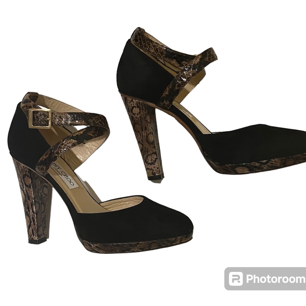 Jimmy Choo Black Suede Ankle Strap  Python Leather Platform High Heels size 7
